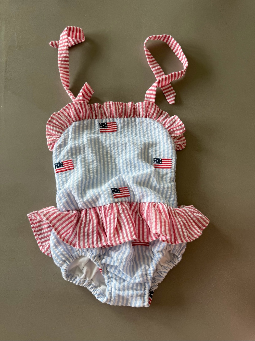 Girls' Red & Blue Striped Ruffle One-Piece Swimsuit with Flag Detail